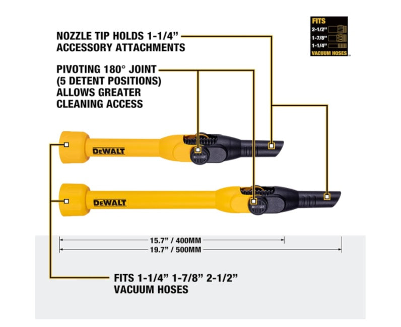 DEWALT Shop Vac Pivoting Extension Wand Kit, Flexible & Durable Wet Dry Vacuum Accessory Attachments for Hard to Reach Areas, 180° Pivoting Joint, 5 Detent Position, 19.7" & 15.7", DXVA00-1200