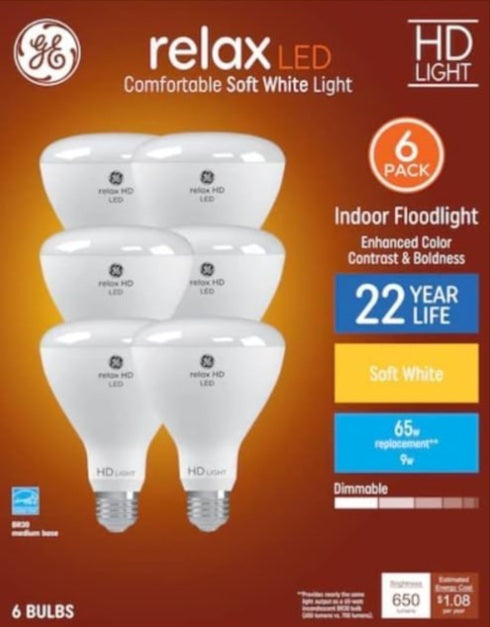 GE Relax 6 Pack 65 W Equivalent Dimmable Soft White Br30 LED Light Fixture Light Bulb