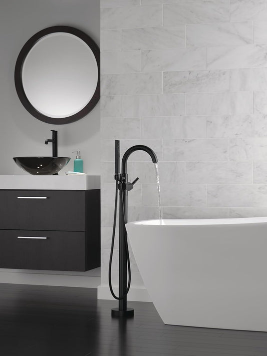 Delta T4759-BLFL Trinsic Floor Mount Freestanding Tub Filler with Hand Shower – Matte Black (Rough Sold Separately)