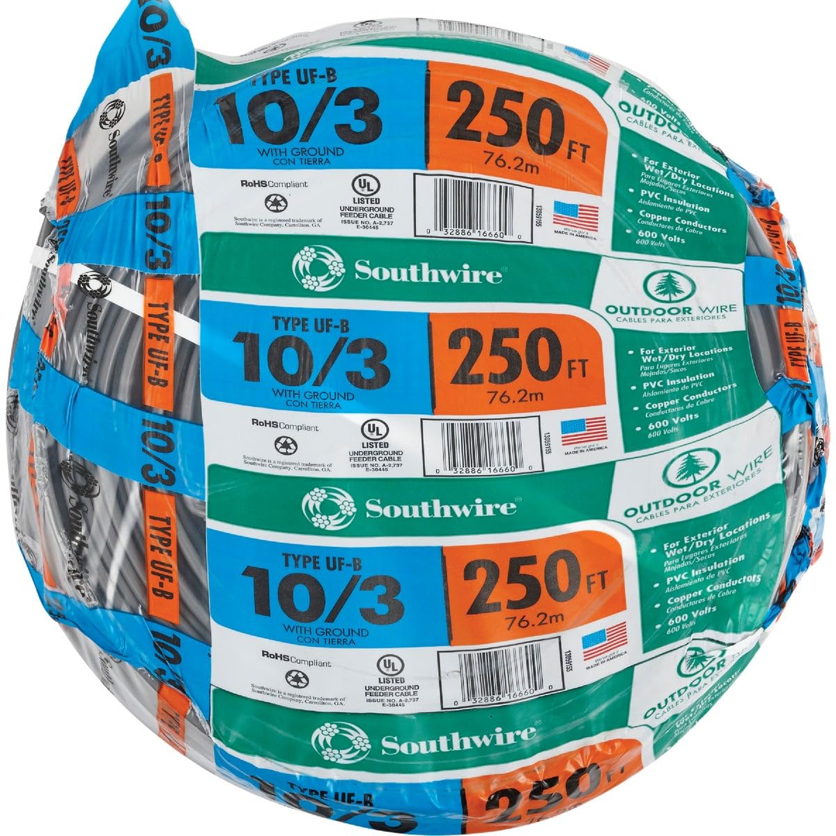 Southwire 10/3 UF-B Underground Feeder Cable with Ground 250 ft (13059155)