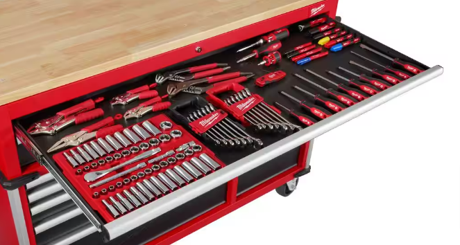 Milwaukee High Capacity 52 in. 11-Drawer Tool Chest Mobile Workbench with Clamp-Ready Wood Top