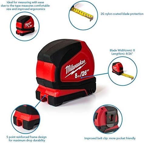 Milwaukee 4932459596 8m/26ft Pro Compact Tape Measure, Red