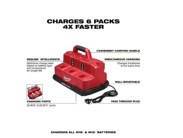 Milwaukee M12 and M18 12-Volt/18-Volt Lithium-Ion Multi-Voltage 6-Port Sequential Rapid Battery Charger (3 M12 and 3 M18 Ports)