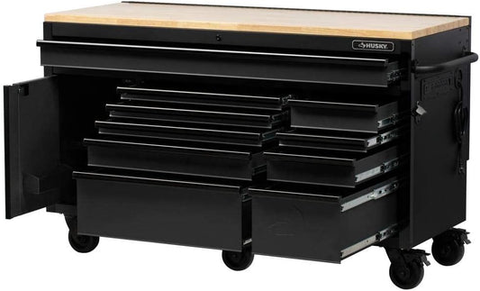 Husky 61 in. W 23 in. D 10-Drawer 1-Door Mobile Workbench with Solid Wood Top and Flip-Up Pegboard in Textured Black