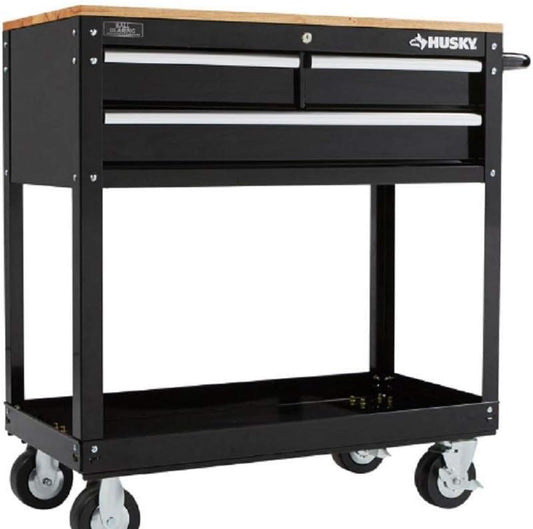 Husky 36 in. 3-Drawer Rolling Tool Cart with Wood Top, Black