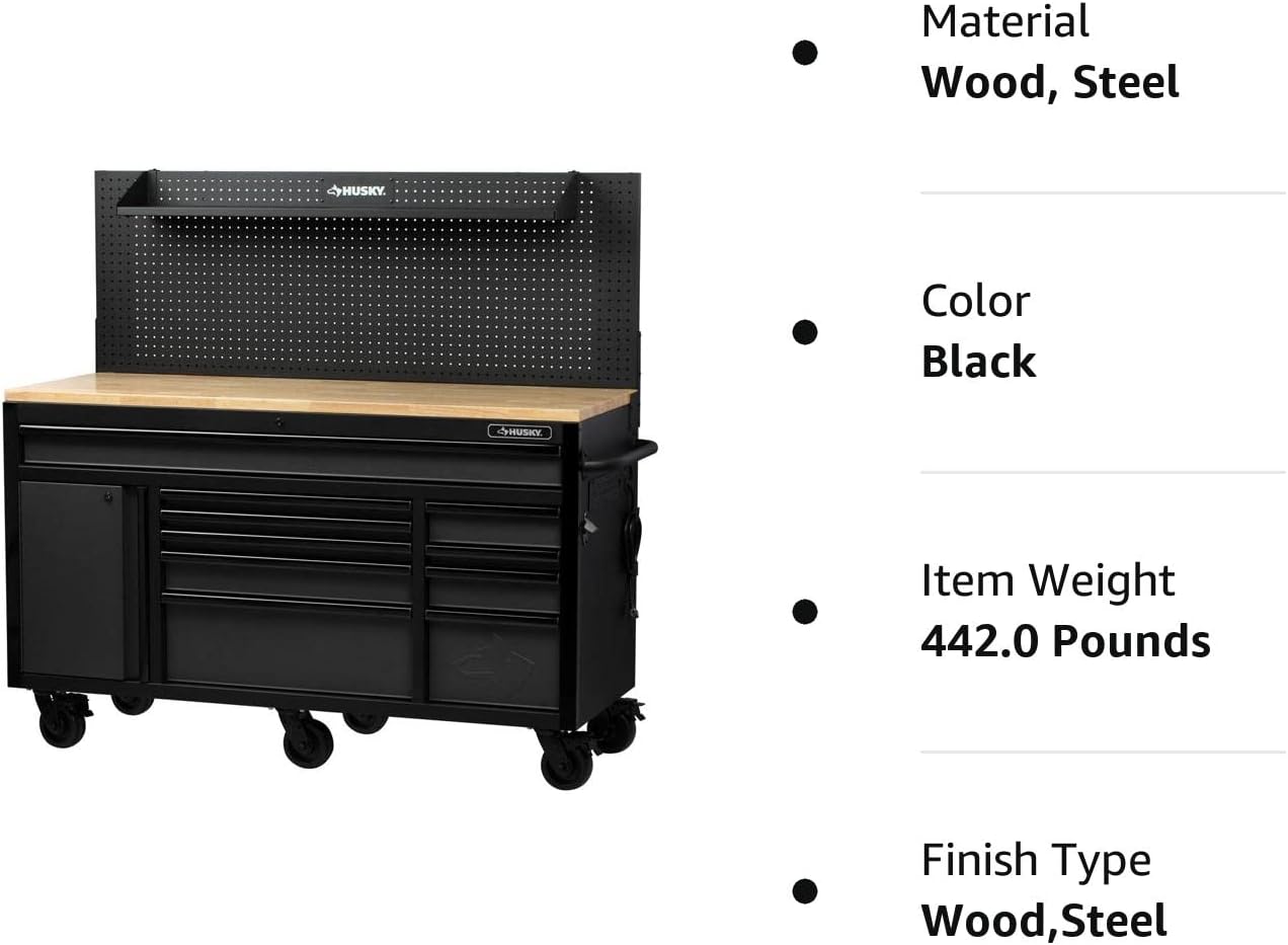 Husky 61 in. W 23 in. D 10-Drawer 1-Door Mobile Workbench with Solid Wood Top and Flip-Up Pegboard in Textured Black