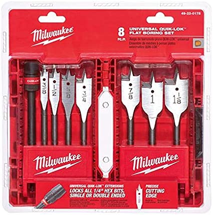 Milwaukee 49-22-0175 8-Piece Universal Quik-Lok Flat Boring Spade Bit Set w/ Carrying Case