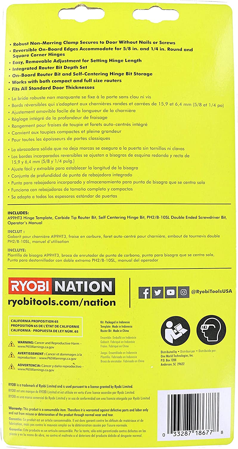 Ryobi A99HT2 Door Hinge Installation Kit/Mortiser Template Bundled with Ryobi A99DLK4