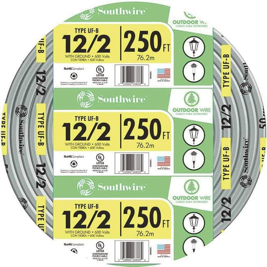 Southwire UF-B Underground Feeder Cable, 12/2 AWG, 250 ft
