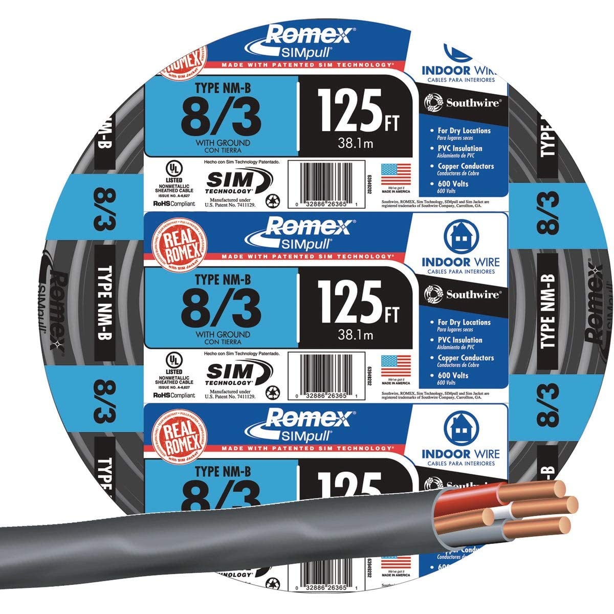 Southwire Romex 8/3 NM-B Copper Wire with Ground 125 ft, Black (63949202)