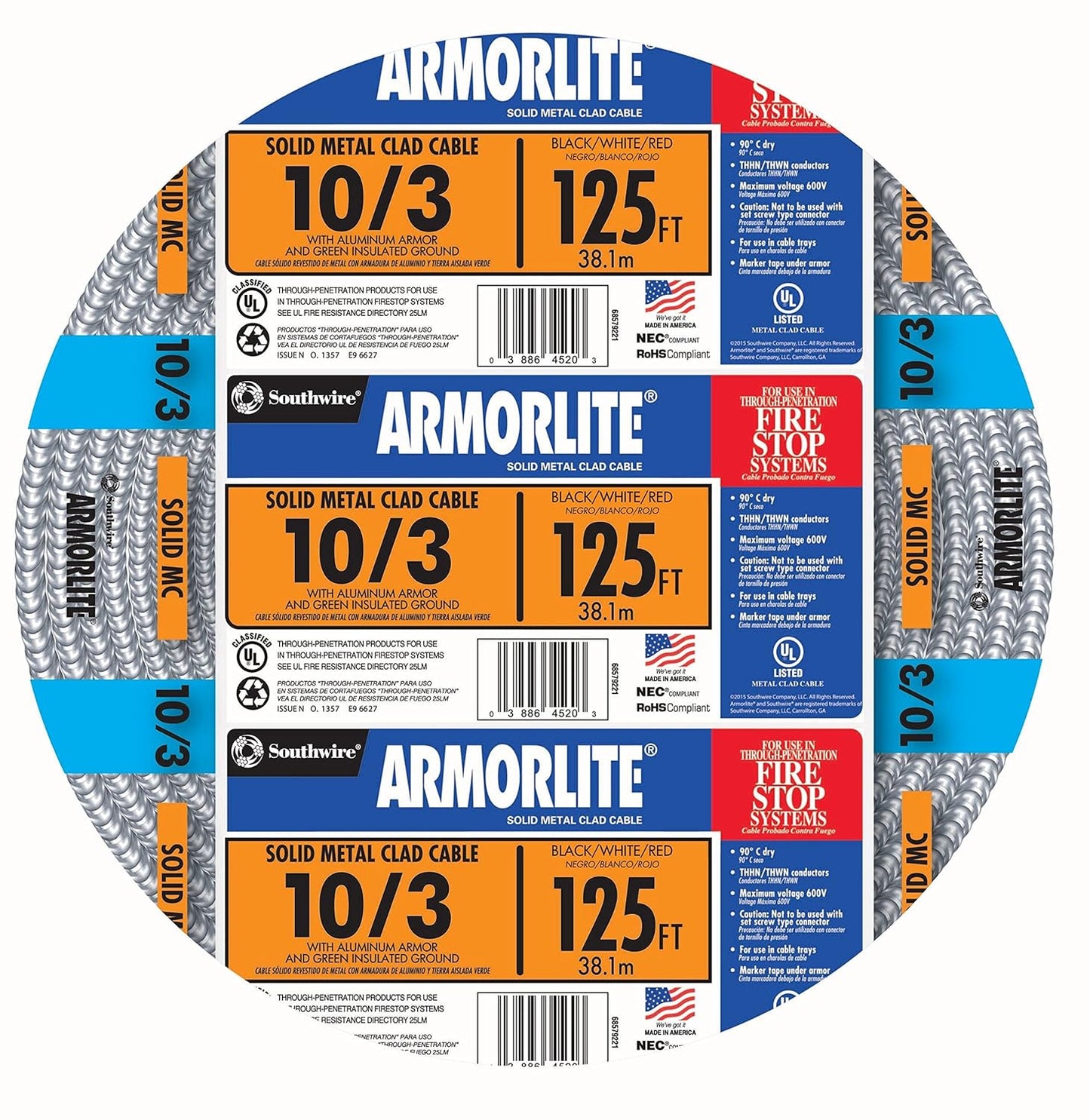 Southwire 10/3 Armorlite Metal Clad (MC) Cable 125 ft Aluminum Armor