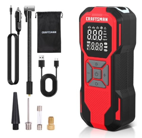 CRAFTSMAN Tire Inflator Portable Air Compressor, Cordless Mini Air Pump for Car Tires with Digital Tire Pressure Gauge, 6000mAh Battery Powered Air Pump, Max Pressure 150 PSI, 12V DC Corded
