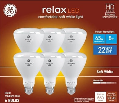 GE Relax 6 Pack 65 W Equivalent Dimmable Soft White Br30 LED Light Fixture Light Bulb