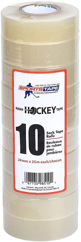 SportsTape Clear Hockey Tape - for Socks and Gear, Easy to Stretch and Tear (10 Pack), One Size