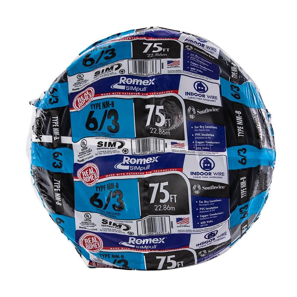 Southwire 6/3 NM-B Stranded Copper Wire with Ground 75 ft Black (63950007)