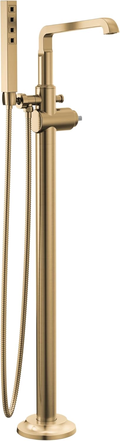 Delta T4789-CZ-PR-LHP-FL Tetra Floor Mount Freestanding Tub Filler with Hand Shower – Lumicoat Champagne Bronze (Valve and Handle Not Included)