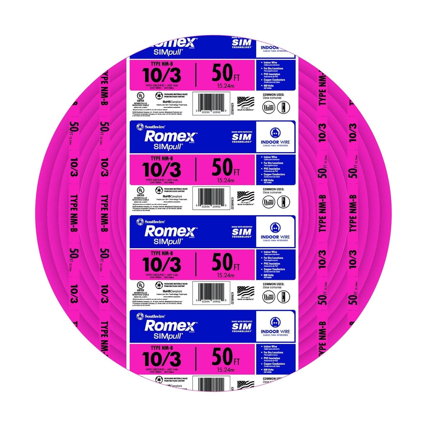 Southwire Romex SIMpull 10/3 NM-B Copper Wire with Ground 50 ft Pink (63948522)