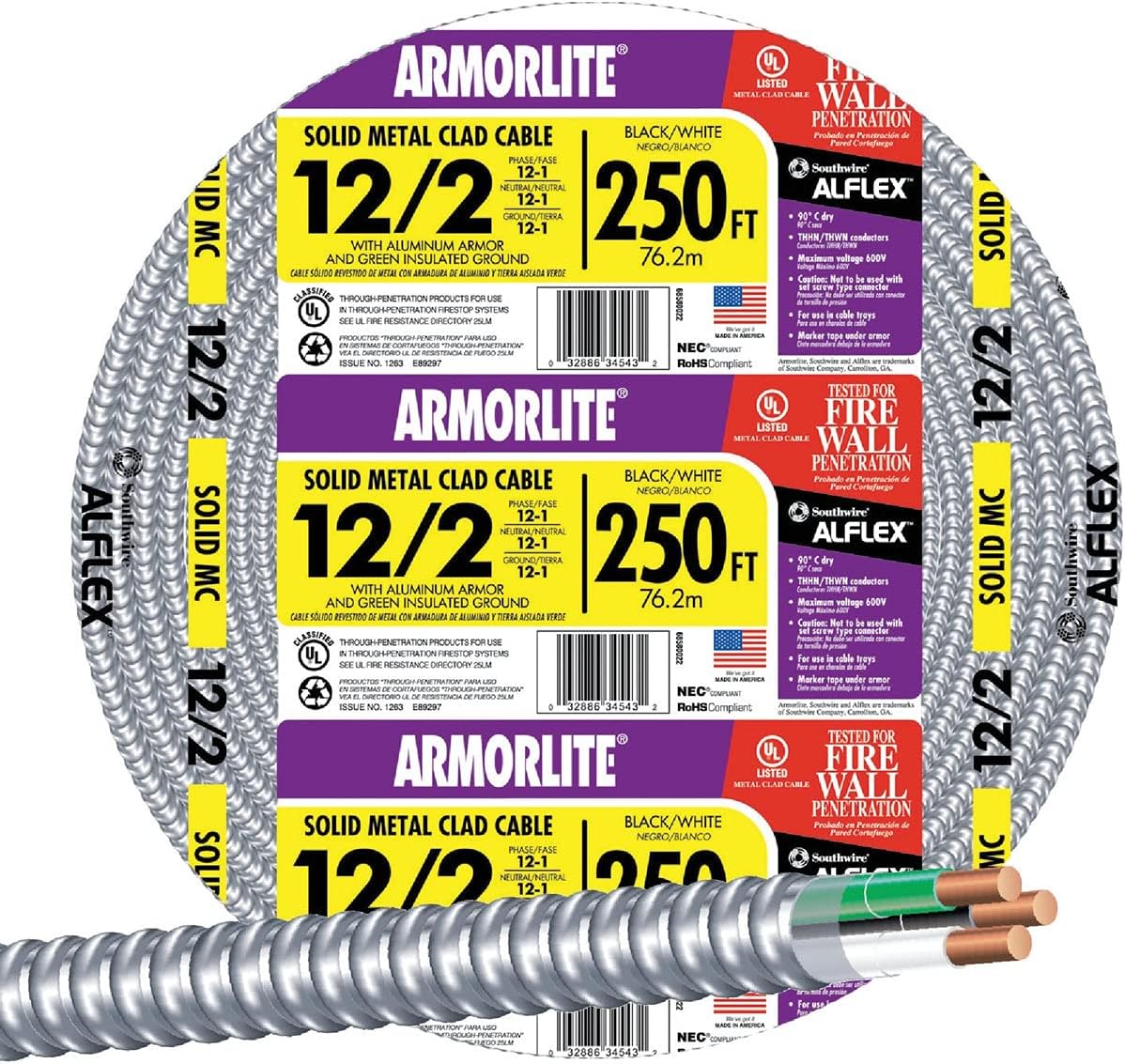 Southwire 12/2 MC Lite Solid Copper Cable, Aluminum Armor 250 ft (68580055)