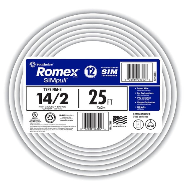 Southwire Romex SIMpull 14/2 NM-B Copper Wire with Ground 25 ft White (28827421)