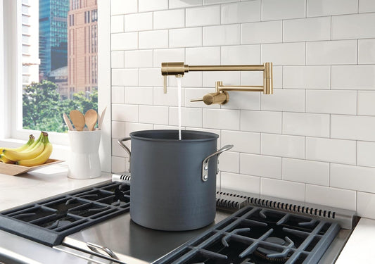 Delta 1165LF-CZ Contemporary Wall Mount Pot Filler Kitchen Faucet – Champagne Bronze, Dual Jointed Swing Spout