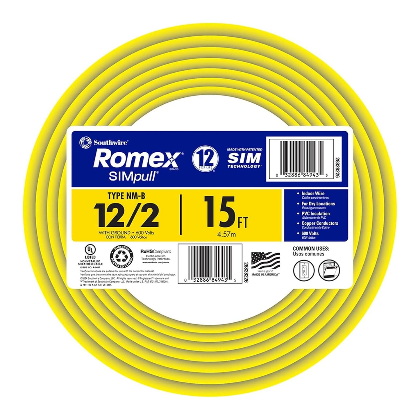 Southwire Romex SIMpull 12/2 NM-B Copper Wire with Ground 15 ft Yellow (28828226)