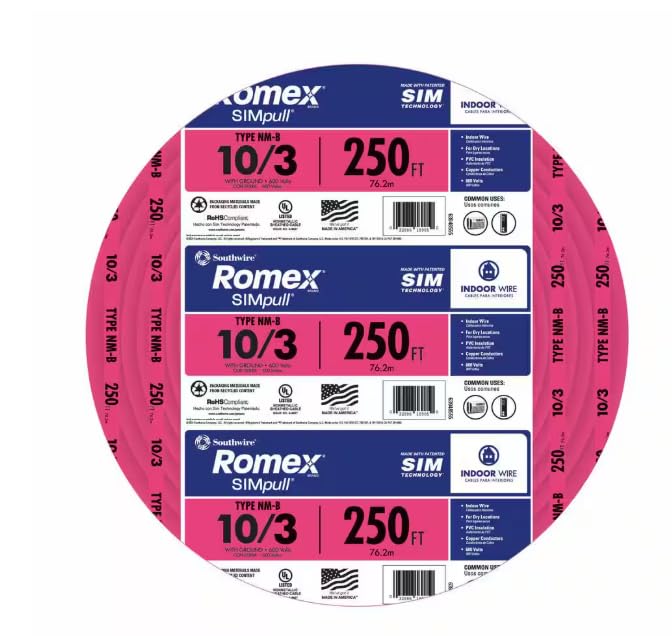 Southwire Romex SIMpull 10/3 NM-B Copper Wire with Ground 250 ft, Pink (63948555)