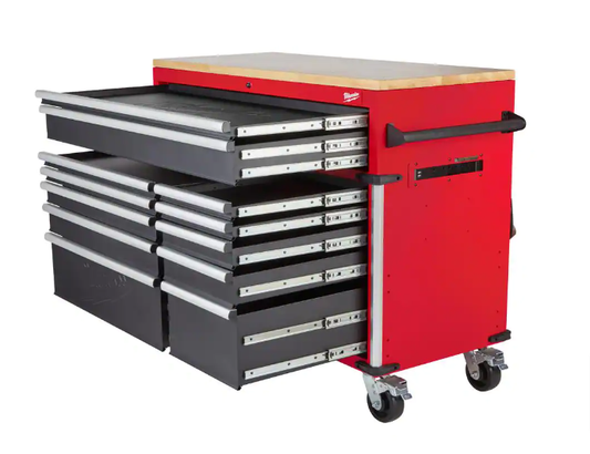 Milwaukee High Capacity 52 in. 11-Drawer Tool Chest Mobile Workbench with Clamp-Ready Wood Top