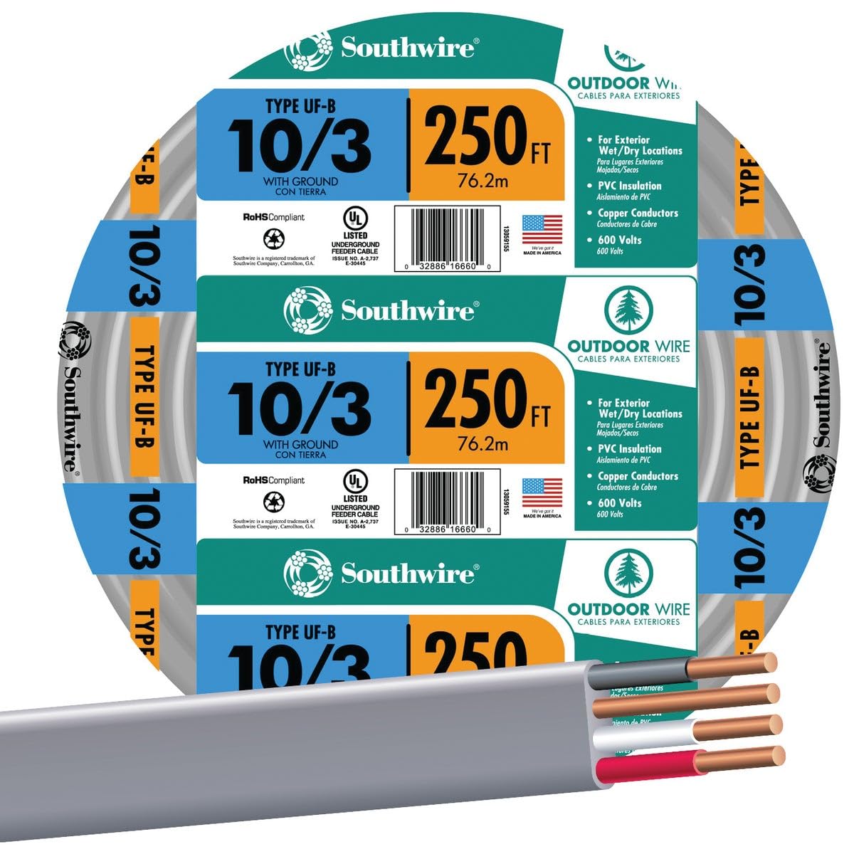 Southwire 10/3 UF-B Underground Feeder Cable with Ground 250 ft (13059155)