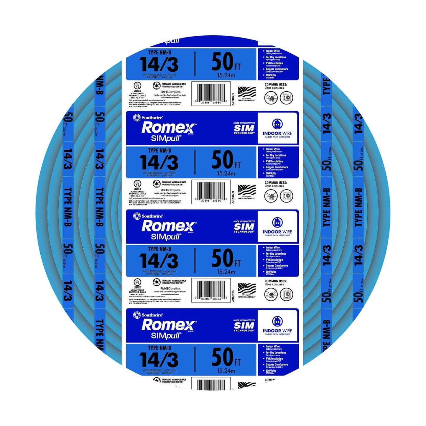 Southwire Romex SIMpull 14/3 NM-B Copper Wire with Ground 50 ft Blue (63946922)