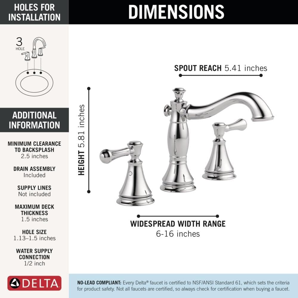 Delta Faucet Cassidy Widespread Bathroom Faucet Chrome, Bathroom Faucet 3 Hole, Bathroom Sink Faucet, Metal Drain Assembly, Chrome 3597LF-MPU