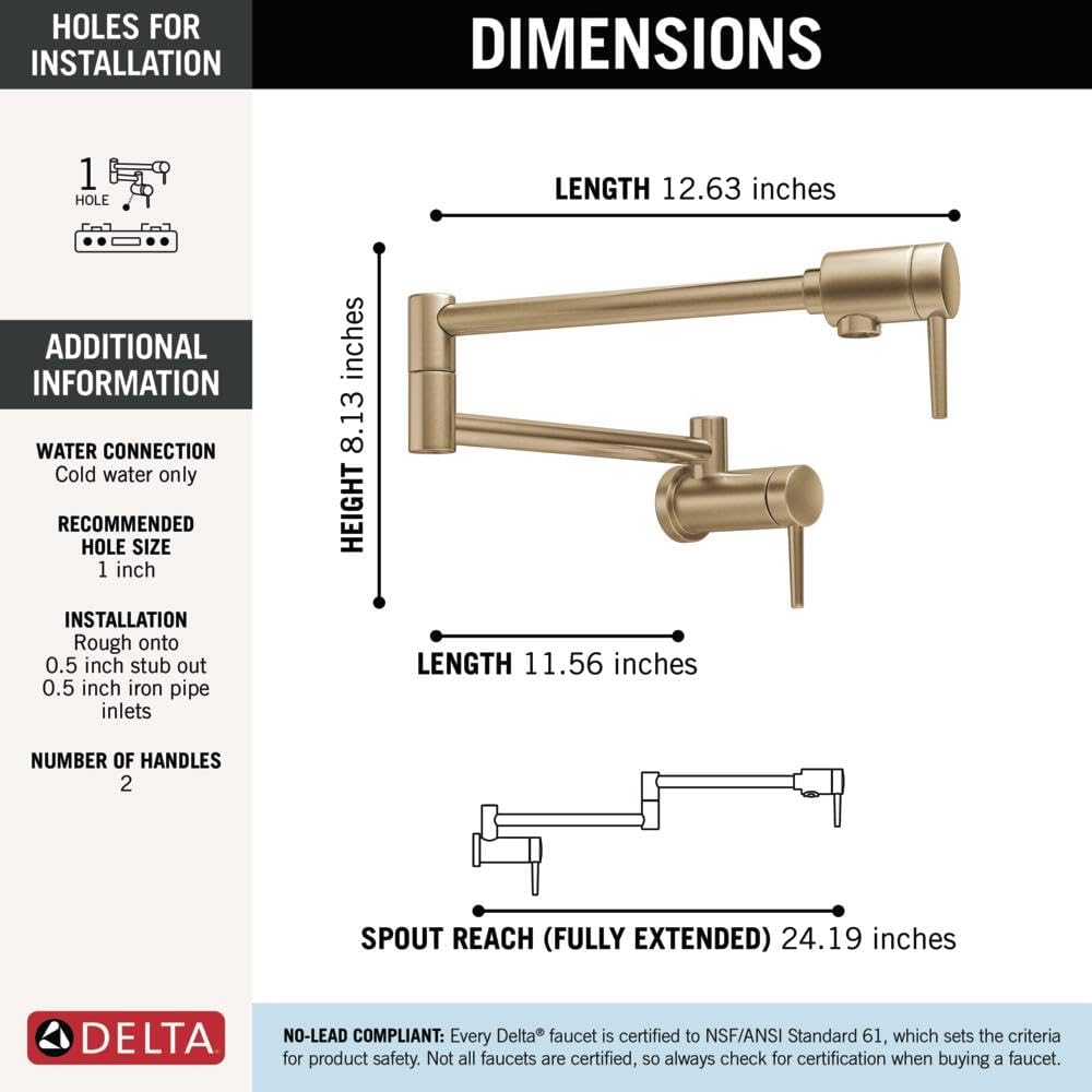 Delta 1165LF-CZ Contemporary Wall Mount Pot Filler Kitchen Faucet – Champagne Bronze, Dual Jointed Swing Spout