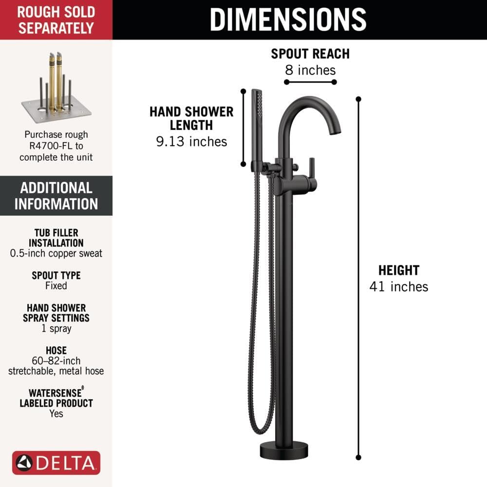 Delta T4759-BLFL Trinsic Floor Mount Freestanding Tub Filler with Hand Shower – Matte Black (Rough Sold Separately)