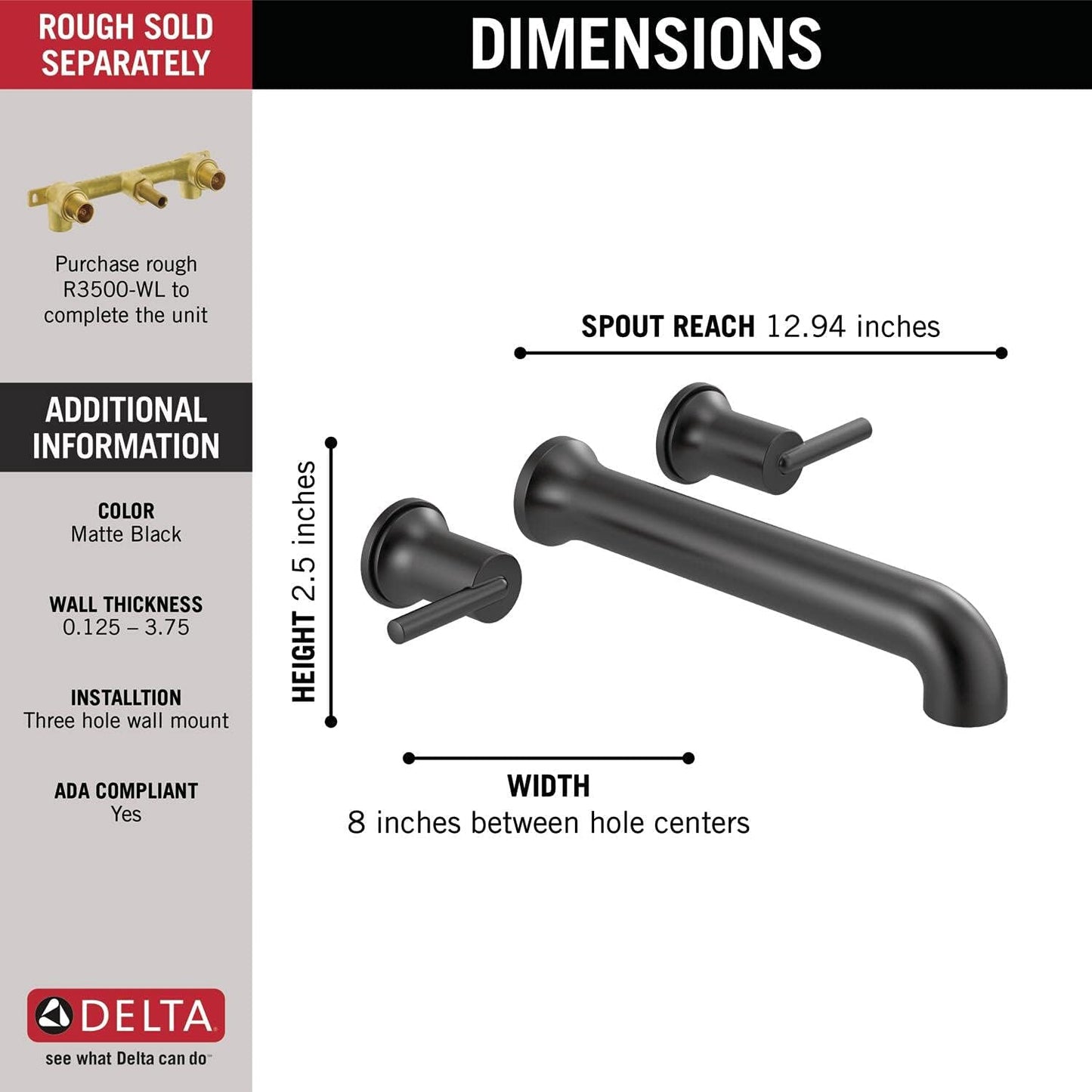Delta T5759-BLWL Trinsic Two-Handle Wall Mount Bathroom Faucet – Matte Black (Valve Not Included)