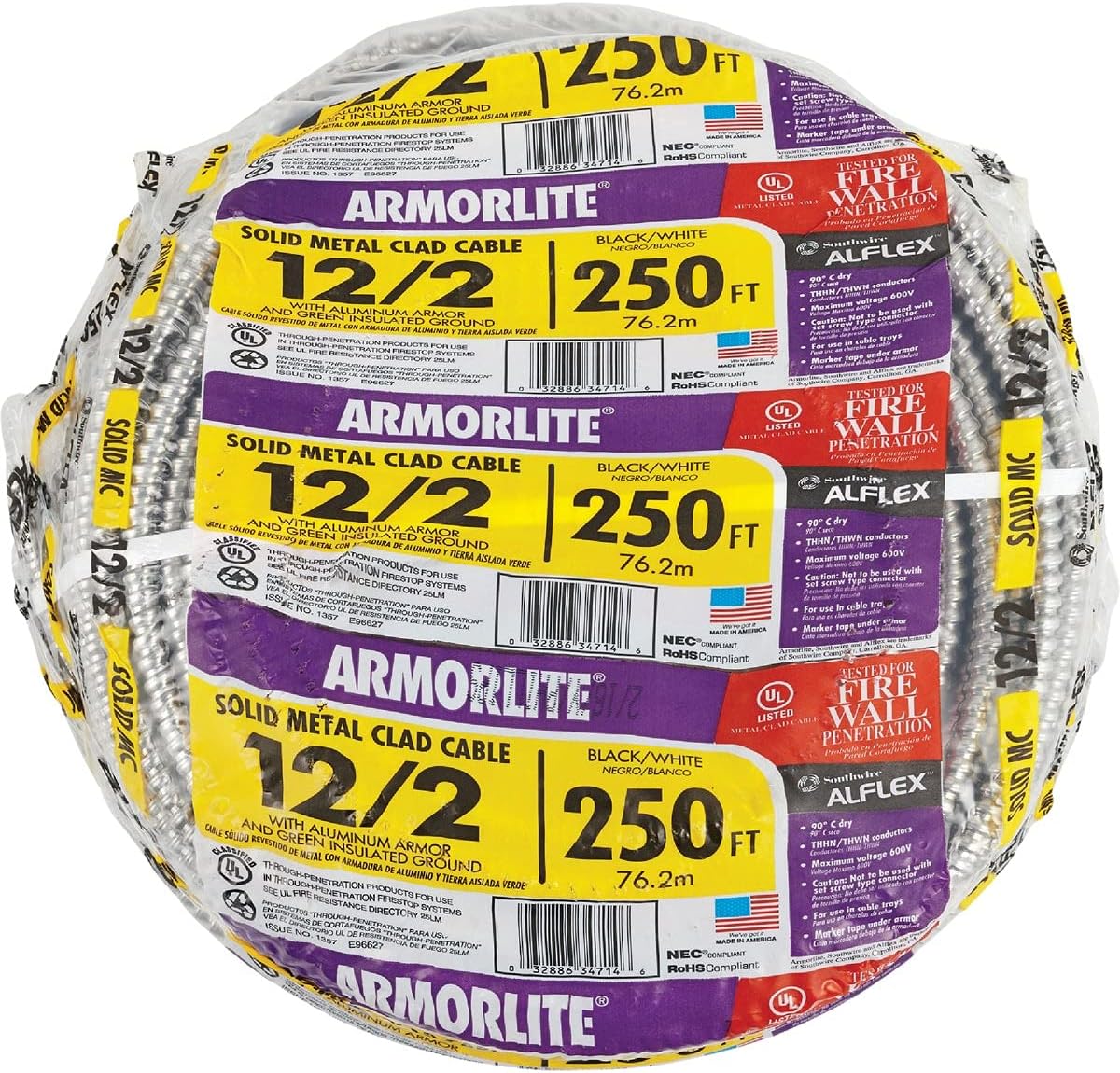 Southwire 12/2 MC Lite Solid Copper Cable, Aluminum Armor 250 ft (68580055)