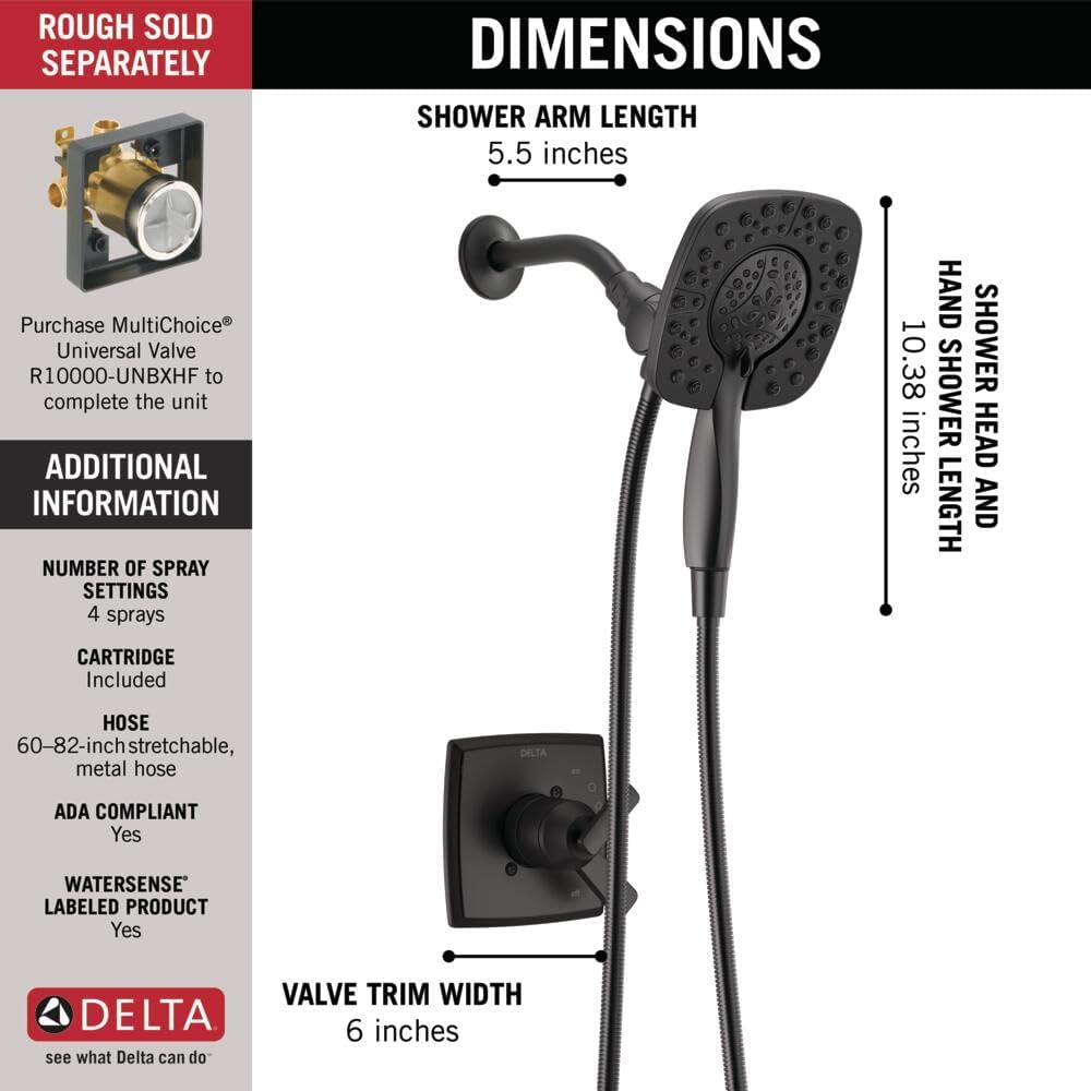 Delta Faucet Ashlyn 17 Series Dual-Handle Delta Shower Trim Kit with In2ition 2-in-1 Shower Head with Handheld Spray, Matte Black Shower Fixture, Matte Black T17264-BL-I (Valve Not Included)