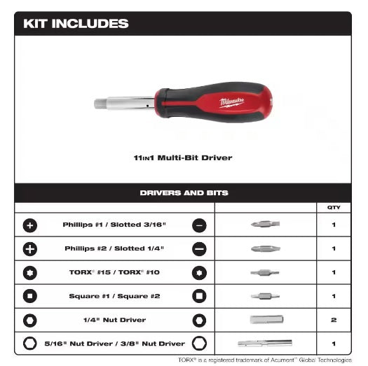 Milwaukee 11-in-1 Multi-Tip Screwdriver with ECX Driver Bits