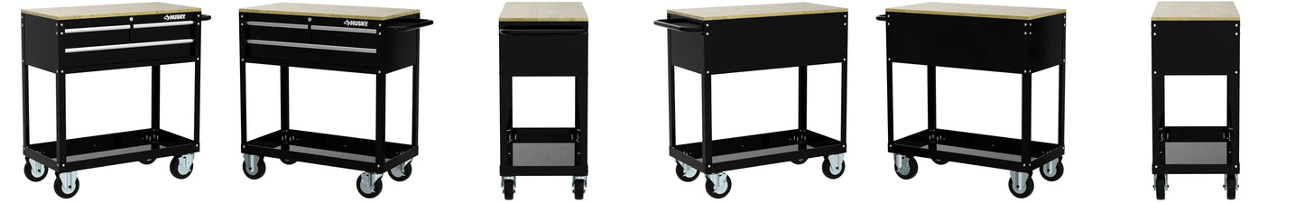 Husky 36 in. 3-Drawer Rolling Tool Cart with Wood Top, Black