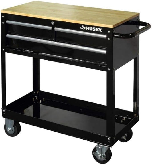 Husky 36 in. 3-Drawer Rolling Tool Cart with Wood Top, Black