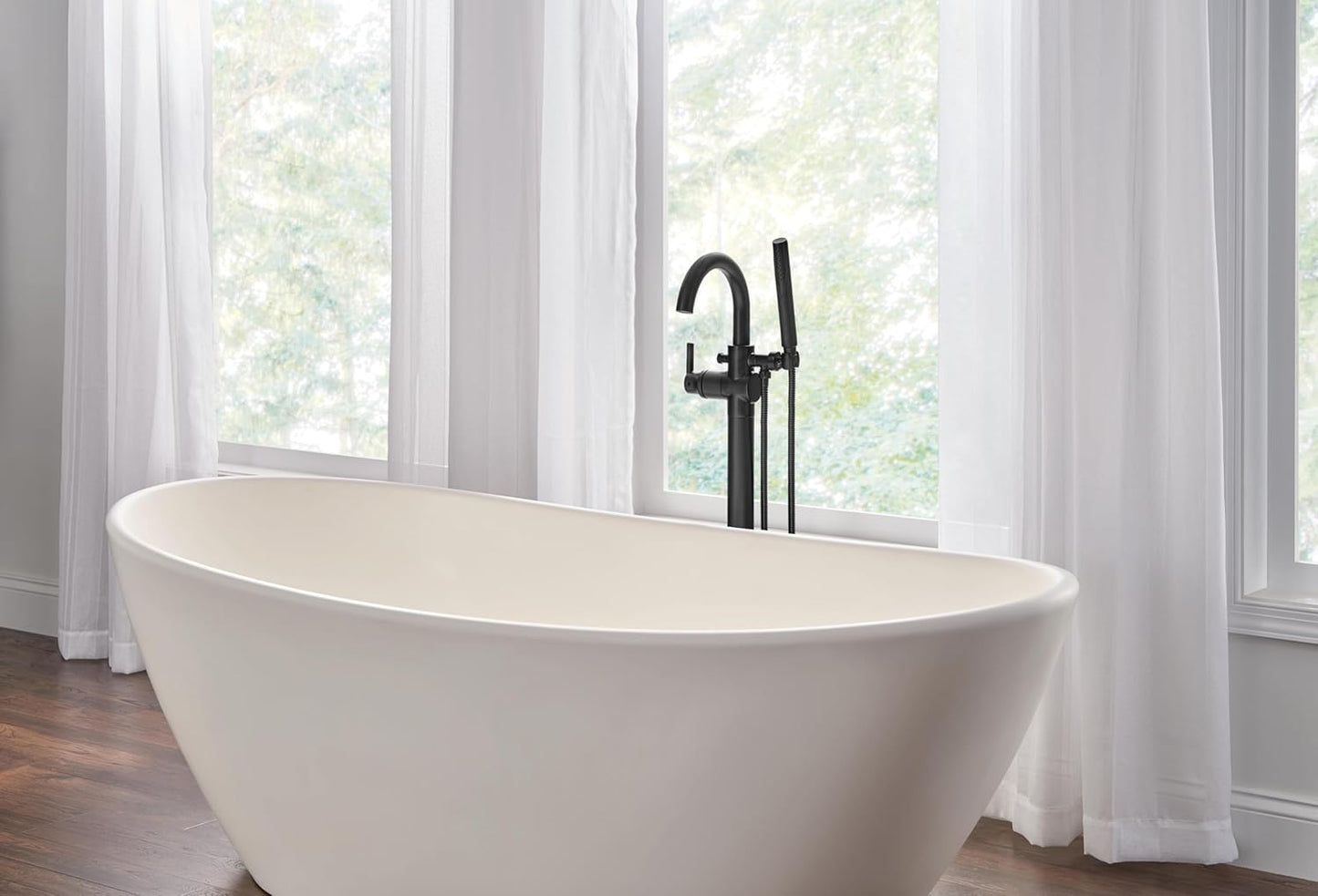 Delta T4759-BLFL Trinsic Floor Mount Freestanding Tub Filler with Hand Shower – Matte Black (Rough Sold Separately)