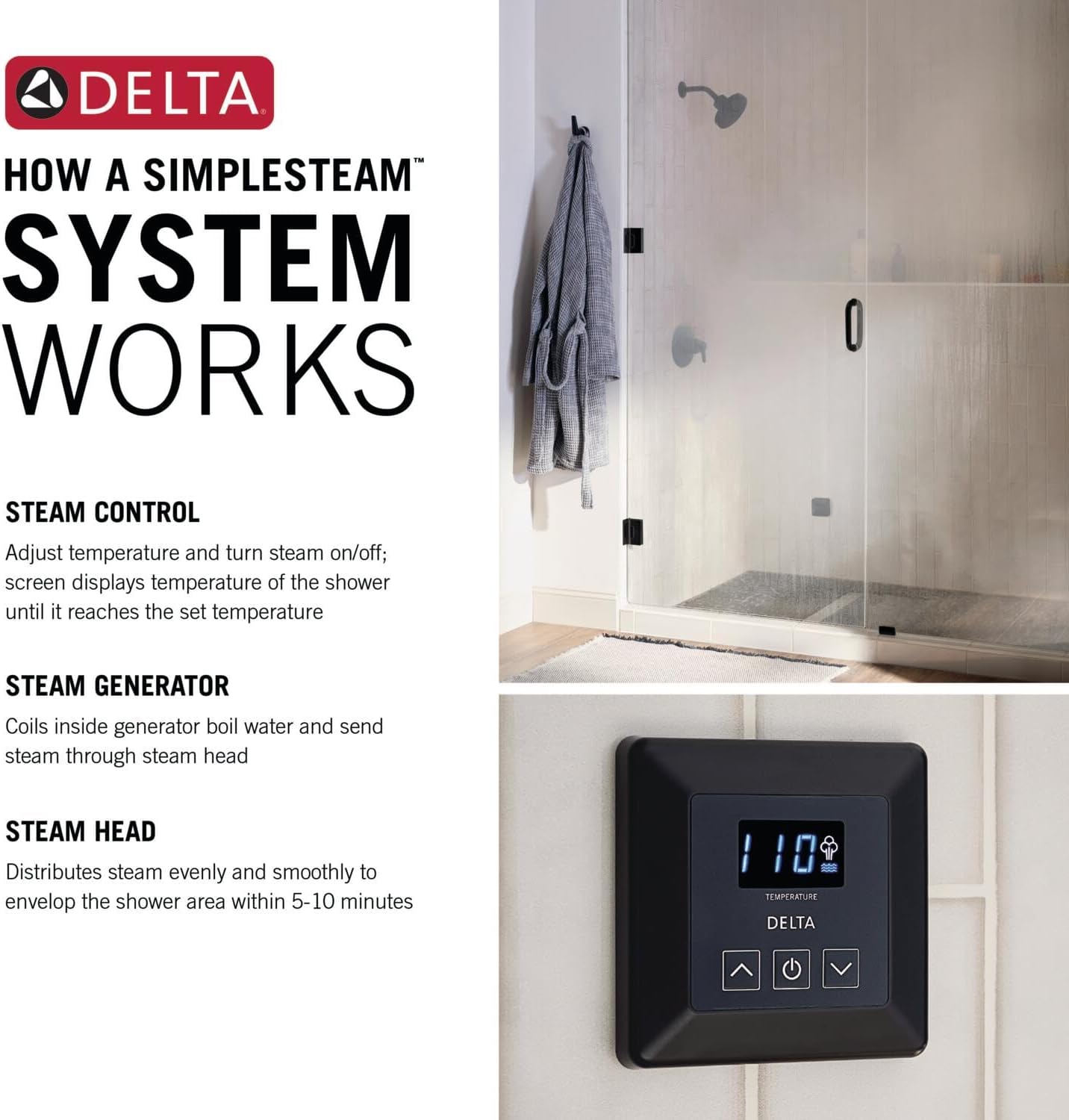 Delta SimpleSteam 10kW Steam Shower System Kit – Lumicoat Chrome, Generator + Square Control + Steam Head (5P-EST010-PR)