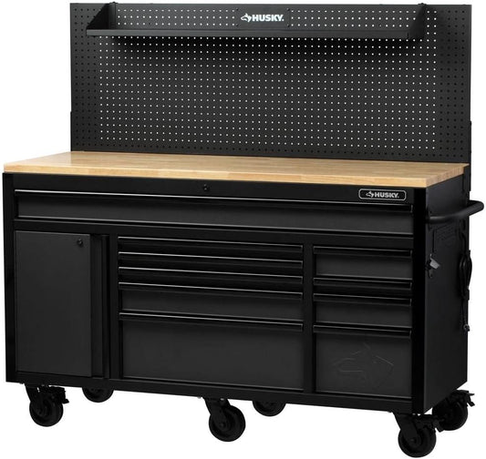 Husky 61 in. W 23 in. D 10-Drawer 1-Door Mobile Workbench with Solid Wood Top and Flip-Up Pegboard in Textured Black