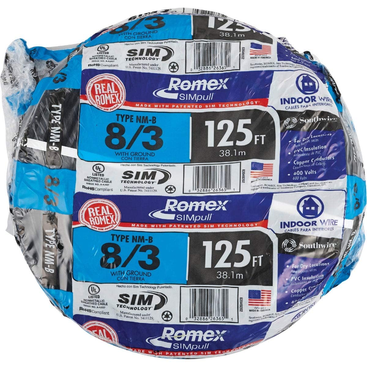 Southwire Romex 8/3 NM-B Copper Wire with Ground 125 ft, Black (63949202)