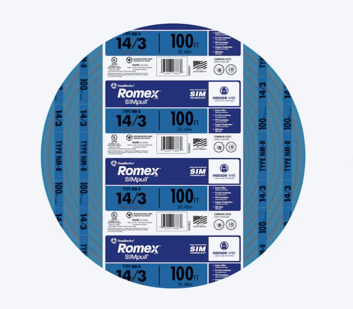 Southwire Romex SIMpull 14/3 NM-B Copper Wire with Ground 100 ft Blue (63946928)