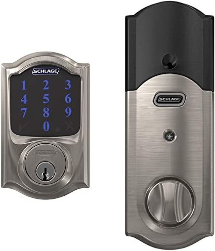 SCHLAGE BE469ZP CAM 619 Connect Smart Deadbolt with alarm with Camelot Trim in Satin Nickel, Z-Wave Plus enabled